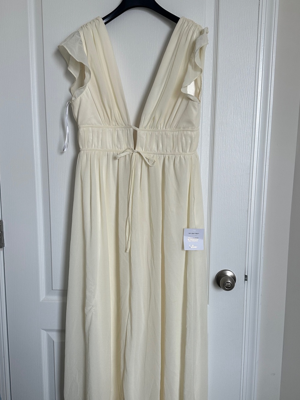 Lulu's Cream Deep V-Neck Flutter Sleeve Maxi Dress